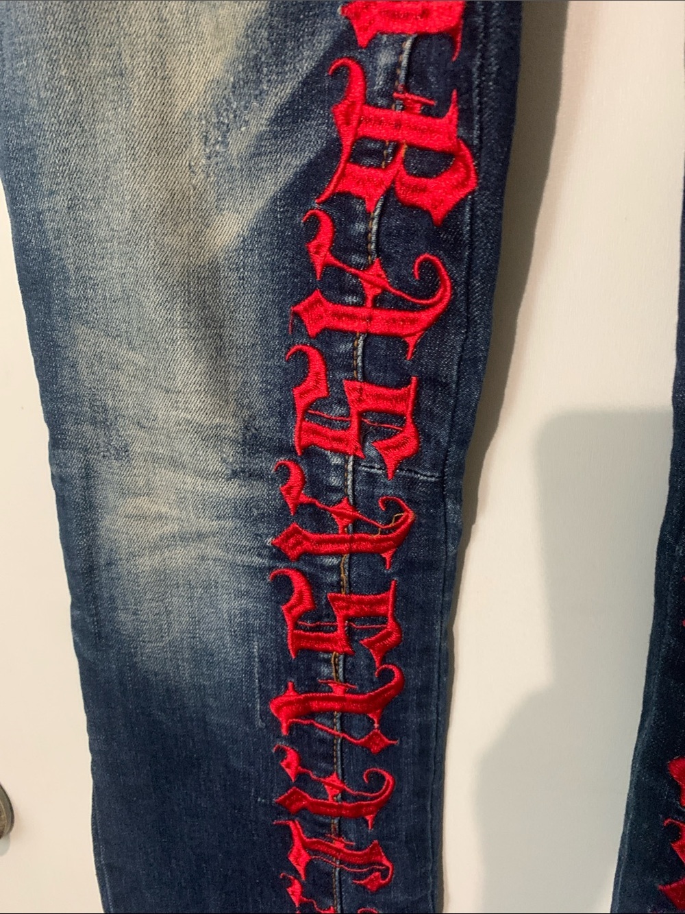 Dark Wash Skinny Jeans with Red Embroidered Trim - Picture 3 of 11